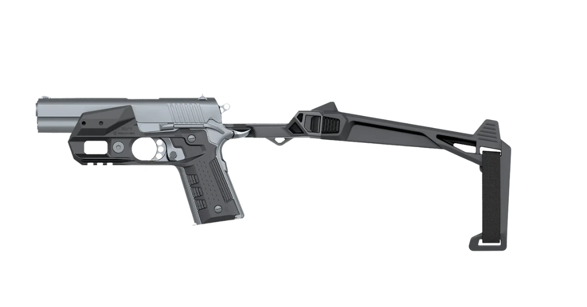 Side view of a semi-automatic pistol equipped with a tactical stabilizing brace, illustrating firearm modifications commonly referred to as pistol braces.