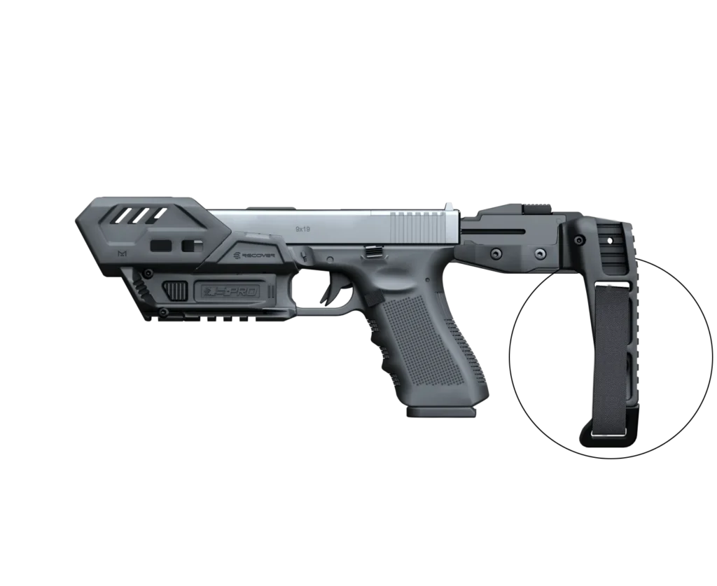 Side view of a Glock 19 fitted with the Recover Tactical S-Pro conversion kit, featuring a stabilizing brace and tactical enhancements for improved handling.